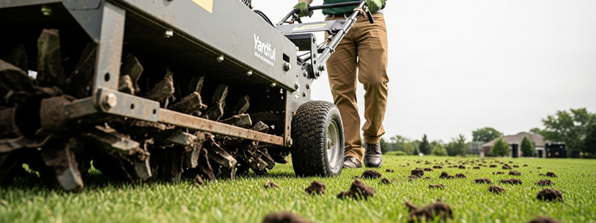 Professional core aeration machine on a green lawn