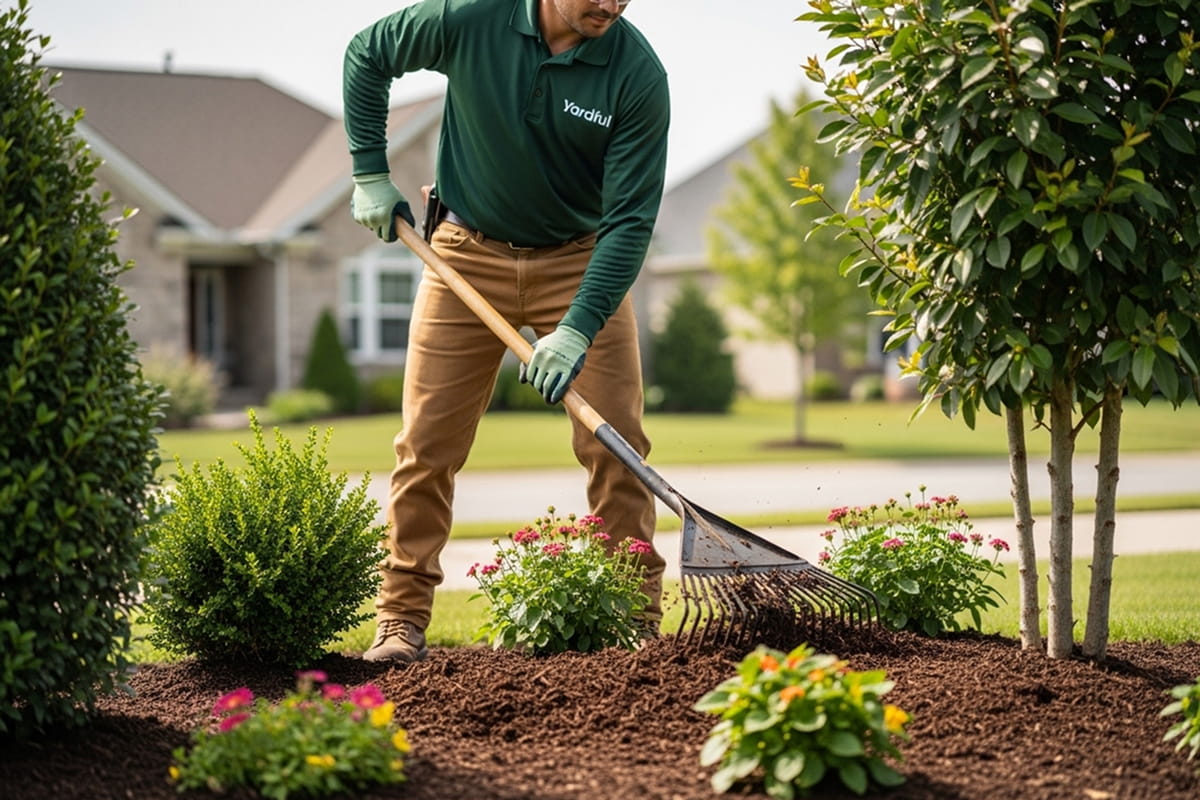 Mulch being installed in a garden bed