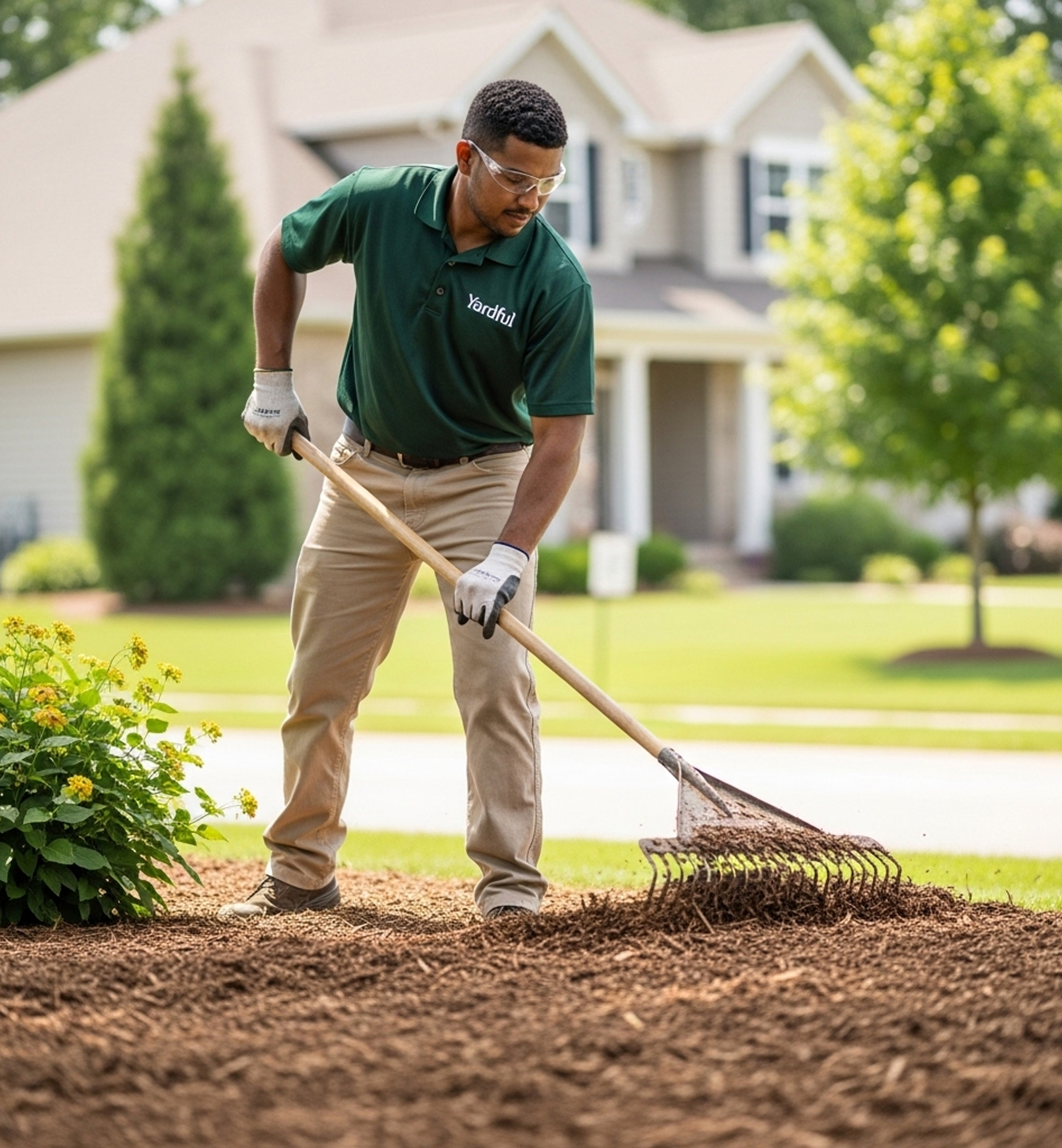 Mulch being spread evenly in flower beds