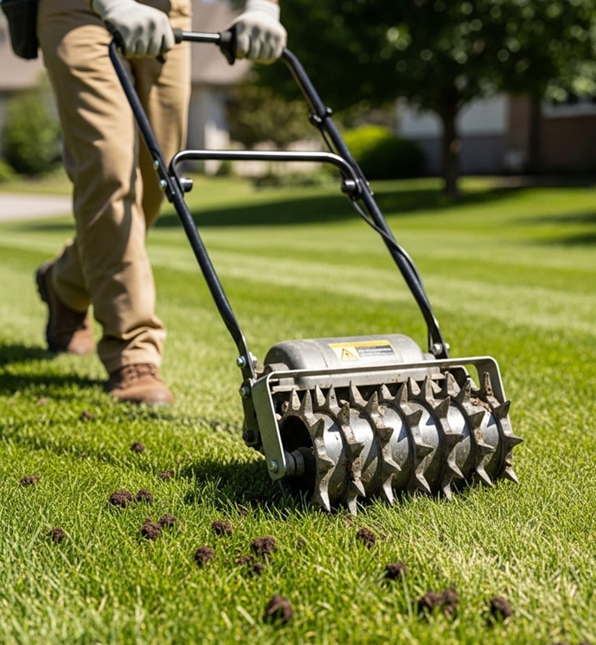 Aerated lawn with soil plugs